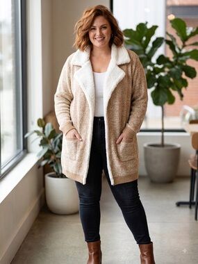 Absolutely Famous Tan Sweater with White Sherpa Collar